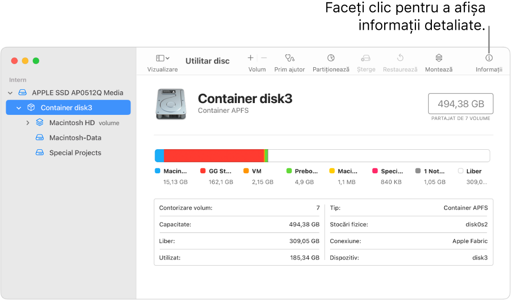 O fereastră Utilitar disc afișând un dispozitiv de stocare selectat în bara laterală și informații despre dispozitivul afișat în partea dreaptă.