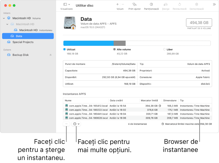 O fereastră Utilitar disc, afișând browserul de instantanee.