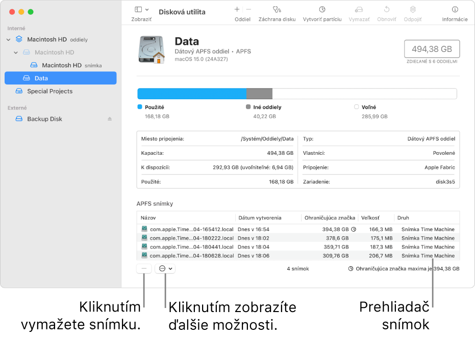 Okno Diskovej utility zobrazujúce prehliadač snímok.