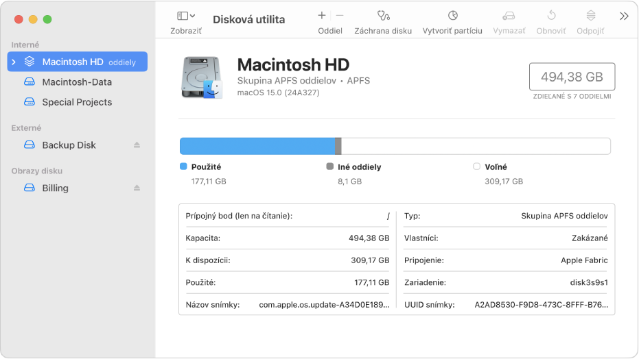 Okno Diskovej utility zobrazujúce dva APFS oddiely na internom disku, oddiel na externom disku a obraz disku.
