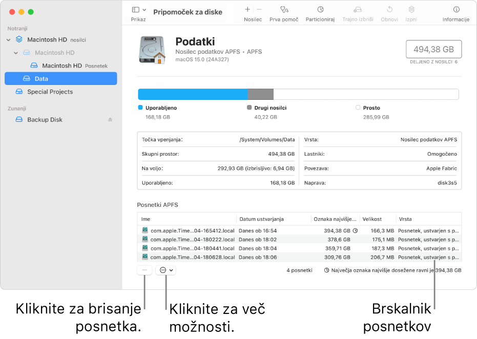 Okno Pripomočka za diske, ki prikazuje brskalnik posnetkov.