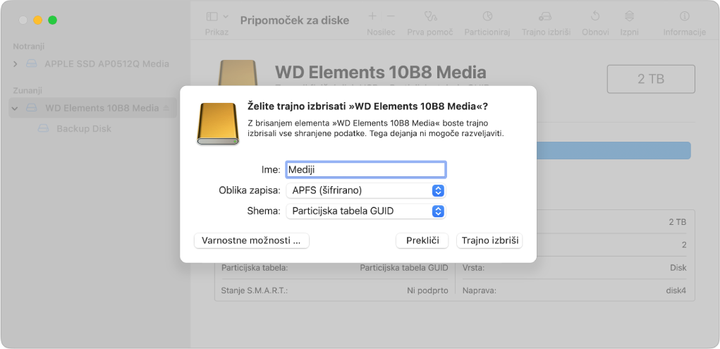 V oknu Pripomoček za diske je prikazano pogovorno okno za brisanje, ki je nastavljeno za ponovno formatiranje zunanjega pogona s šifriranim zapisom APFS.