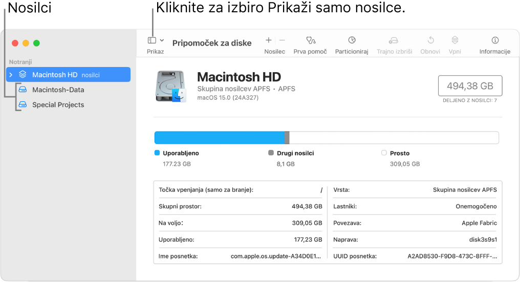Okno Pripomočka za diske v prikazu samo nosilcev.