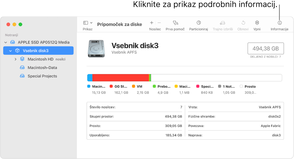 Okno Pripomočka za diske prikazuje napravo za shranjevanje, izbrano v stranski vrstici, in informacije o napravi, prikazane na desni.