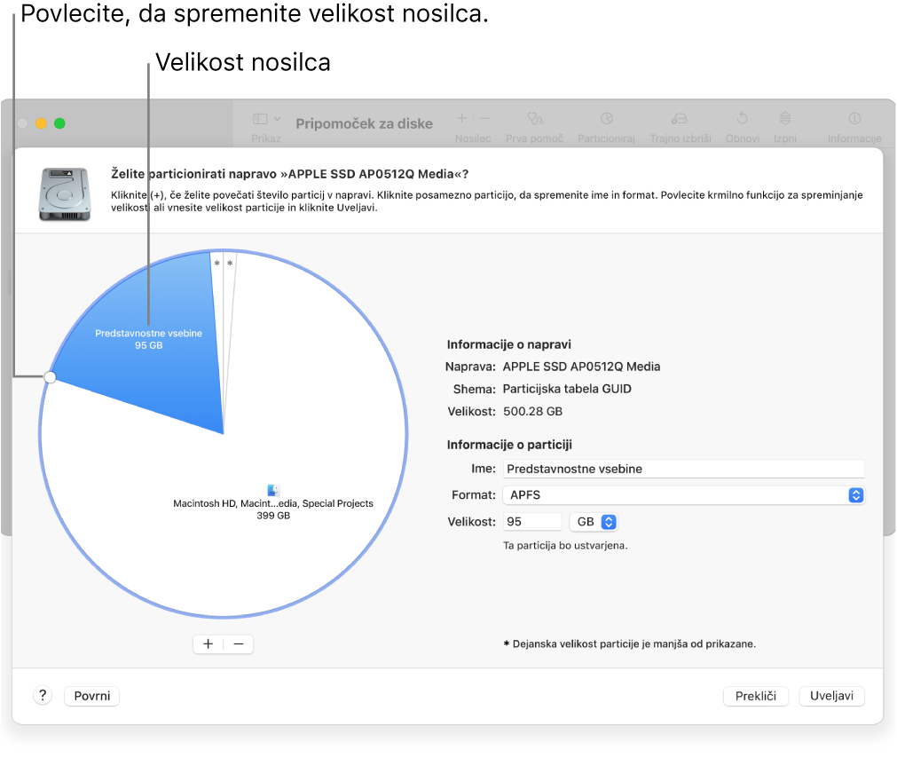 Okno Particije, ki prikazuje fizični disk z več particijami.