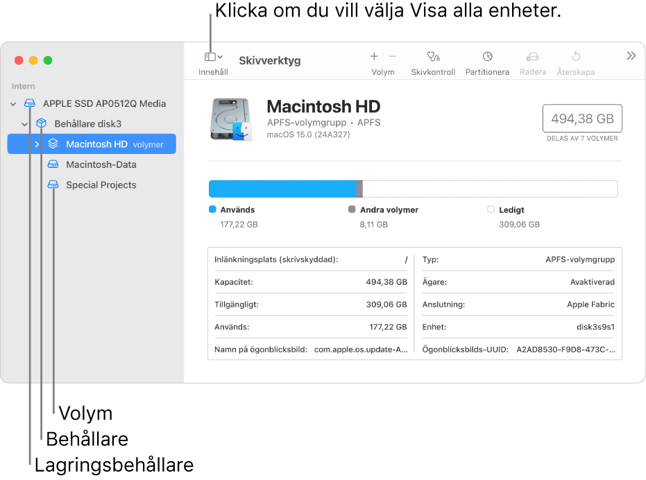 Ett fönster i Skivverktyg med tre volymer, en behållare och en lagringsenhet i vyn Visa alla enheter.