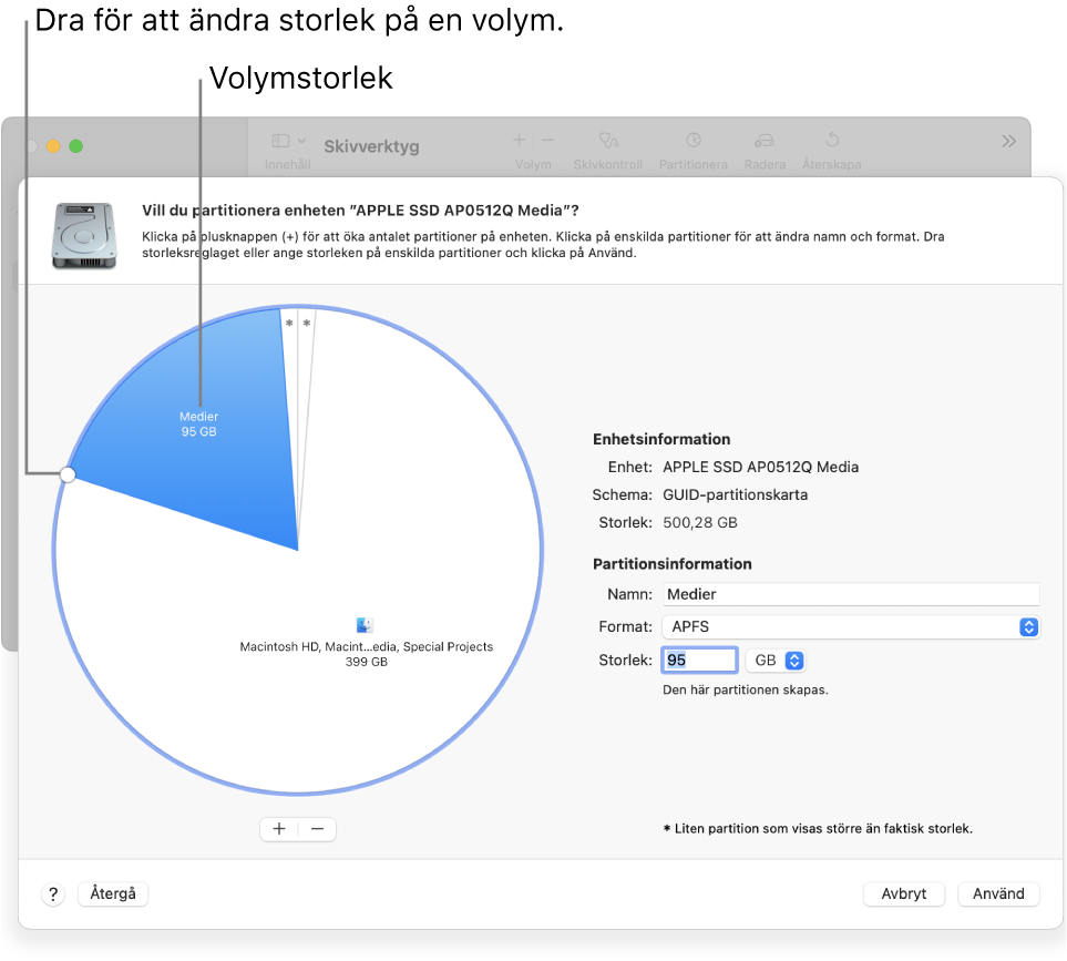 Partitionsfönstret visar en fysisk skiva med flera partitioner.