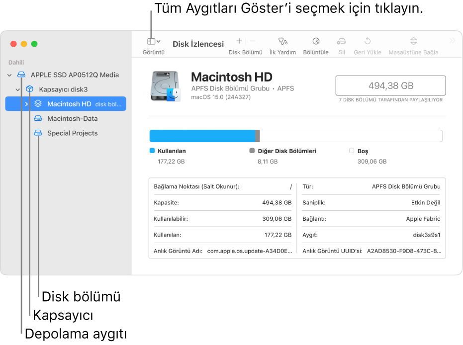 Tüm Aygıtları Göster görüntüsünde üç disk bölümü bir kapsayıcı ve bir saklama aygıtı gösteren Disk İzlencesi penceresi.