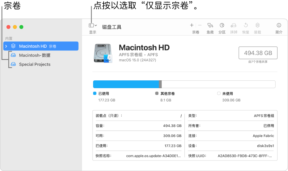 仅显示宗卷视图下的“磁盘工具”窗口。