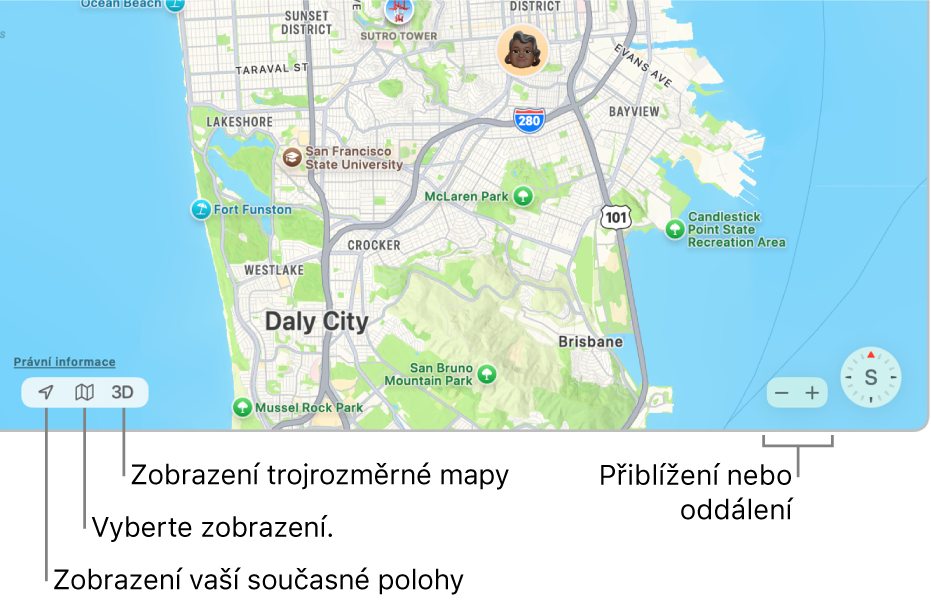 Zobrazení okna Najít s polohami uživatelů na mapě. Pomocí tlačítek v levém dolním rohu můžete zobrazit svou aktuální polohu, vybrat způsob zobrazení a zobrazit mapu v trojrozměrném zobrazení. Pomocí tlačítek v pravém dolním rohu můžete mapu přiblížit nebo oddálit.