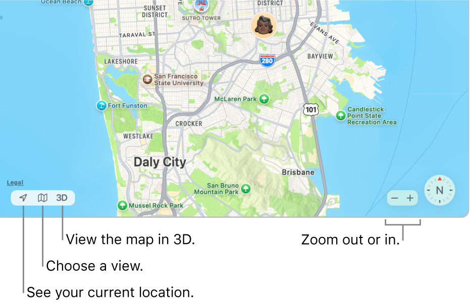 A view of the Find My window showing people’s locations on a map. In the lower-left corner, use buttons to see your current location, choose a view and view the map in 3D. In the lower-right corner, use the zoom buttons to zoom in or out on the map.