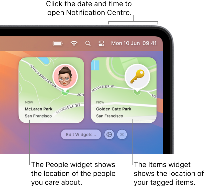 Two Find My widgets — a People widget showing the location of a person and the Items widget showing the location of a key. Click the date and time in the menu bar to open Notification Centre.