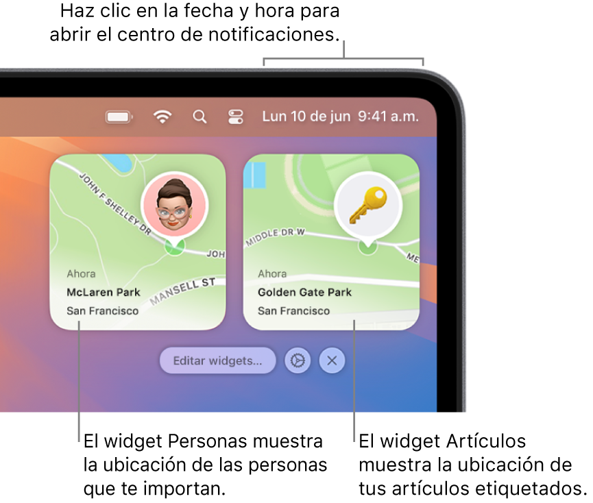 Dos widgets de Encontrar: el widget Personas, que muestra la ubicación de una persona, y el widget Artículos, que muestra la ubicación de una llave. Haz clic en la fecha y la hora en la barra de menús para abrir el Centro de notificaciones.