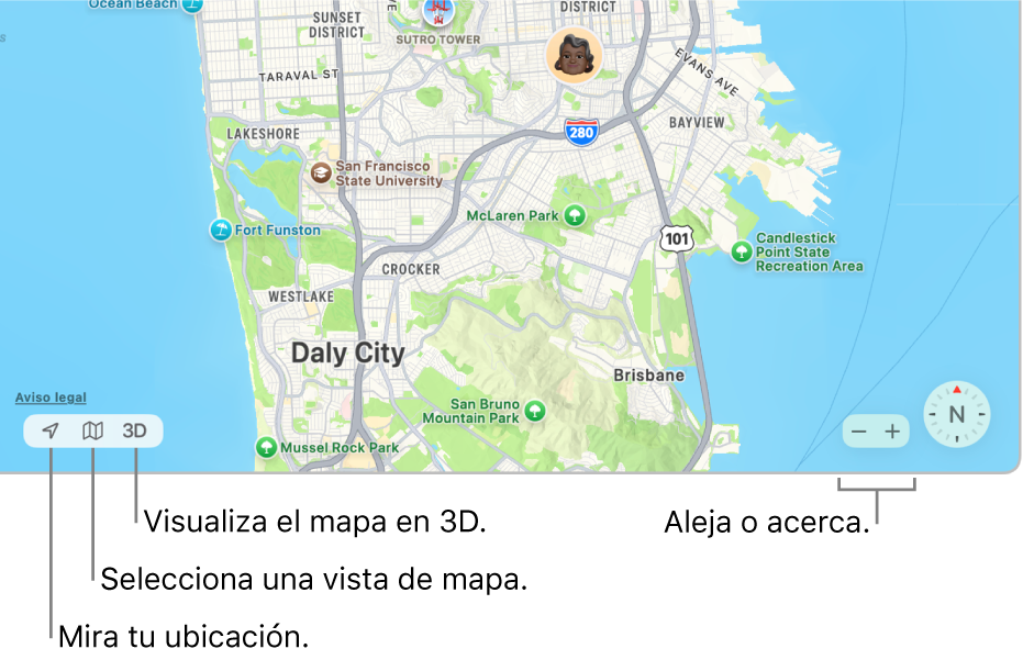 Una vista de la ventana Buscar con ubicaciones de personas en un mapa. En la esquina inferior izquierda, usa los botones para ver tu ubicación actual, seleccionar una vista y ver el mapa en 3D. En la esquina superior derecha, usa los botones de zoom para ampliar y reducir el mapa.