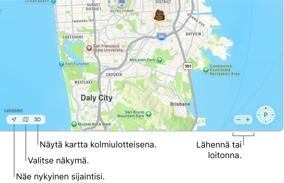 Etsi-ikkunan näkymä, jossa näkyvät käyttäjien sijainnit kartalla. Katso sijaintiasi, valitse näkymä ja katso karttaa kolmiulotteisena käyttämällä alavasemmalla olevia painikkeita. Lähennä tai loitonna karttaa käyttämällä alaoikealla olevia zoomauspainikkeita.