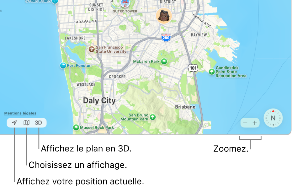 Présentation de la fenêtre Localiser qui affiche la position de personnes sur un plan. Dans le coin inférieur gauche, utilisez les boutons pour afficher votre position actuelle, choisissez un affichage et visualiser le plan en 3D. Dans le coin inférieur droit, utilisez les boutons zoom pour effectuer un zoom avant ou arrière sur le plan.