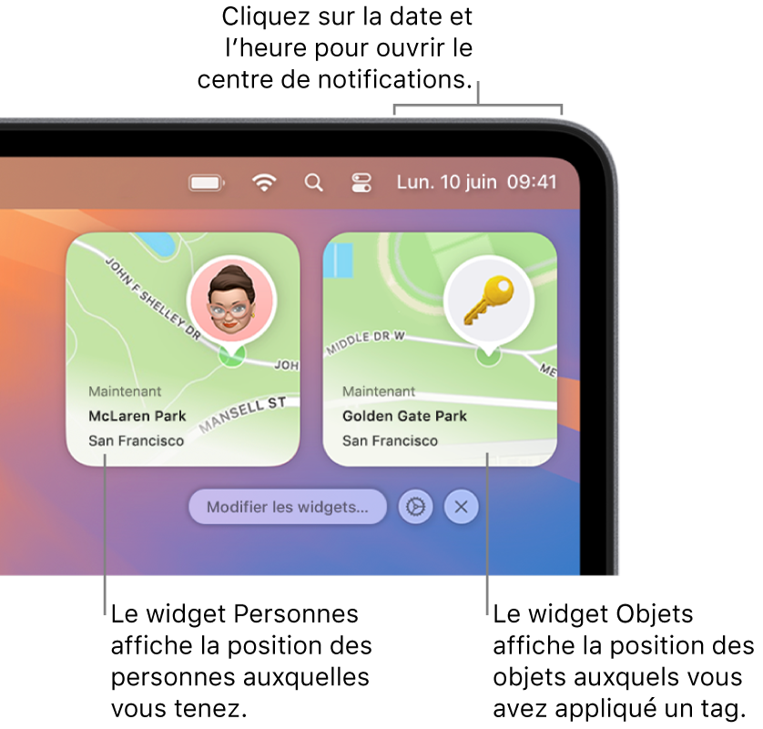 Deux widgets Localiser : un widget Personnes montrant la position d’une personne et le widget Objets montrant la position d’une clé. Cliquez sur la date et l’heure dans la barre des menus pour ouvrir le centre de notifications.