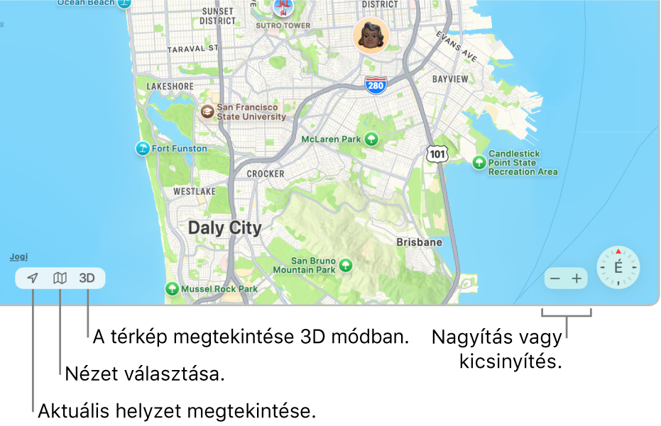 A Lokátor ablak előnézete, amelyben személyek helyei láthatók a térképen. A bal alsó sarokban található gombok használatával megtekintheti aktuális helyzetét, kiválaszthat egy nézetet, és 3D-ben is megtekintheti a térképet. A jobb alsó sarokban található felnagyítás/lekicsinyítés gombokkal felnagyíthat vagy lekicsinyíthet a térképen.