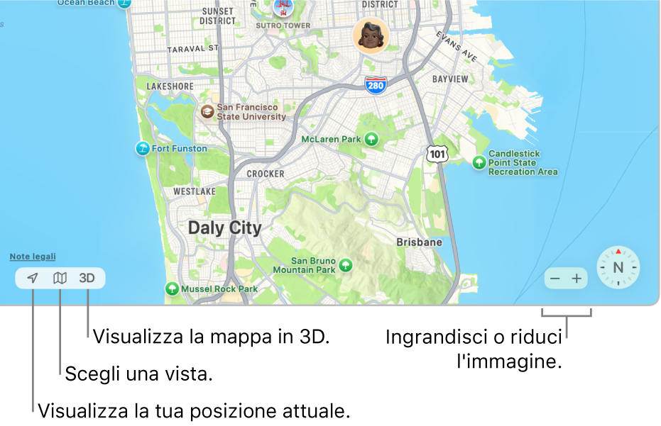 Una vista della finestra di Dov’è che illustra le posizioni di alcune persone su una mappa. Nell’angolo inferiore sinistro, utilizza i pulsanti per visualizzare la posizione attuale, scegli una vista, e visualizza la mappa in 3D. Nell’angolo inferiore destro, usa i pulsanti dello zoom per ingrandire o rimpicciolire la mappa.