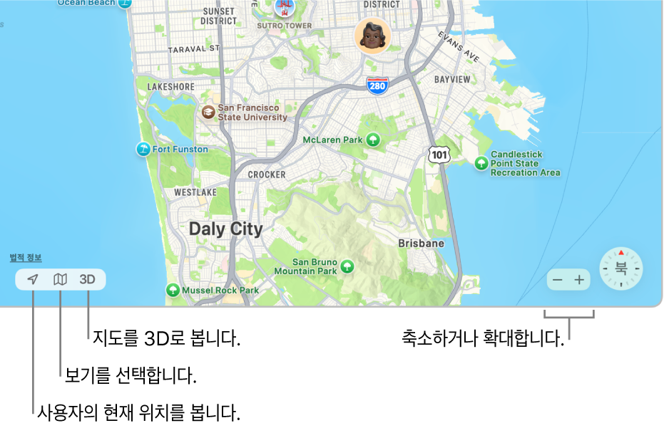 사람들의 위치가 지도에 표시된 나의 찾기 윈도우의 보기. 왼쪽 하단 모서리에서 버튼을 사용하여 현재 위치를 보고, 보기를 선택하고, 지도를 3D로 봄. 오른쪽 하단 모서리에서 확대/축소 버튼을 사용하여 지도를 확대하거나 축소함.