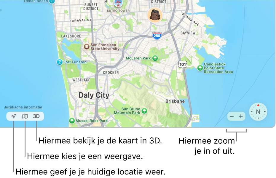 Het venster van Zoek mijn met de locaties van personen op een kaart. In de linkerbenedenhoek kun je met behulp van de knoppen je huidige locatie zien, een weergave kiezen en de kaart in 3D bekijken. In de rechterbenedenhoek kun je met de zoomknoppen in- en uitzoomen op de kaart.