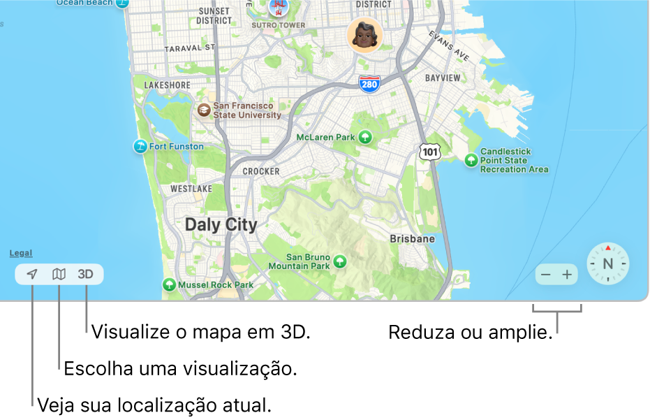 Uma visualização da janela do Buscar mostrando localizações de pessoas em um mapa. No canto inferior esquerdo, use os botões para ver sua localização atual, escolher uma visualização e visualizar o mapa em 3D. No canto inferior direito, use os botões de zoom para ampliar ou reduzir o mapa.