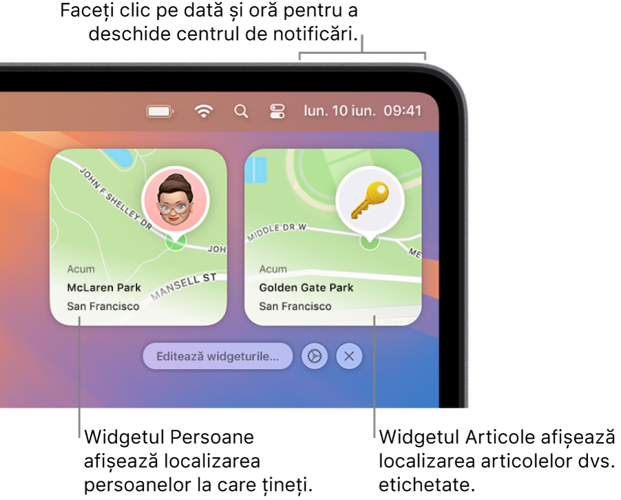 Două widgeturi Găsire – un widget Persoane care prezintă localizarea unei persoane și widgetul Articole care prezintă localizarea unei chei. Faceți clic pe data și ora din bara de meniu pentru a deschide centrul de notificări.