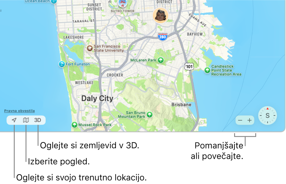 Prikaz okna Najdi, ki na zemljevidu prikazuje lokacije oseb. V spodnjem levem kotu uporabite gumbe za prikaz trenutne lokacije, izberite pogled in si oglejte zemljevid v načinu 3D. V spodnjem desnem kotu uporabite gumba za povečavo ali pomanjšanje zemljevida.