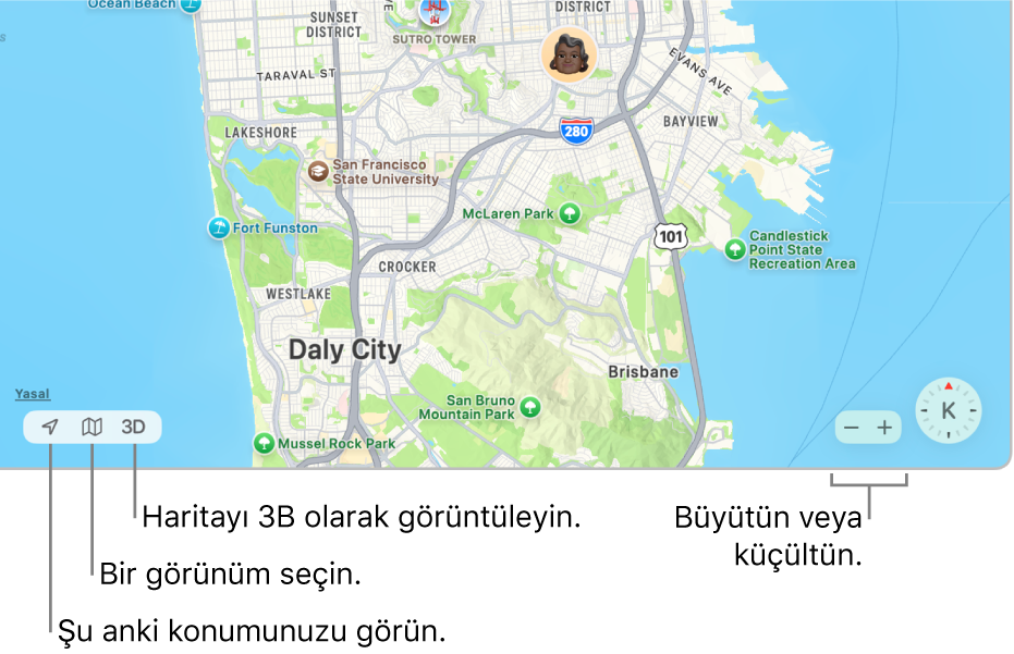 Haritada kişilerin konumlarını gösteren Bul penceresinin görüntüsü. Sol alt köşede şu anki konumunuzu görmek, bir görünüm seçmek ve haritayı 3B görüntülemek için düğmeleri kullanın. Sağ alt köşede, haritada büyütüp küçültmek için büyütme düğmelerini kullanın.