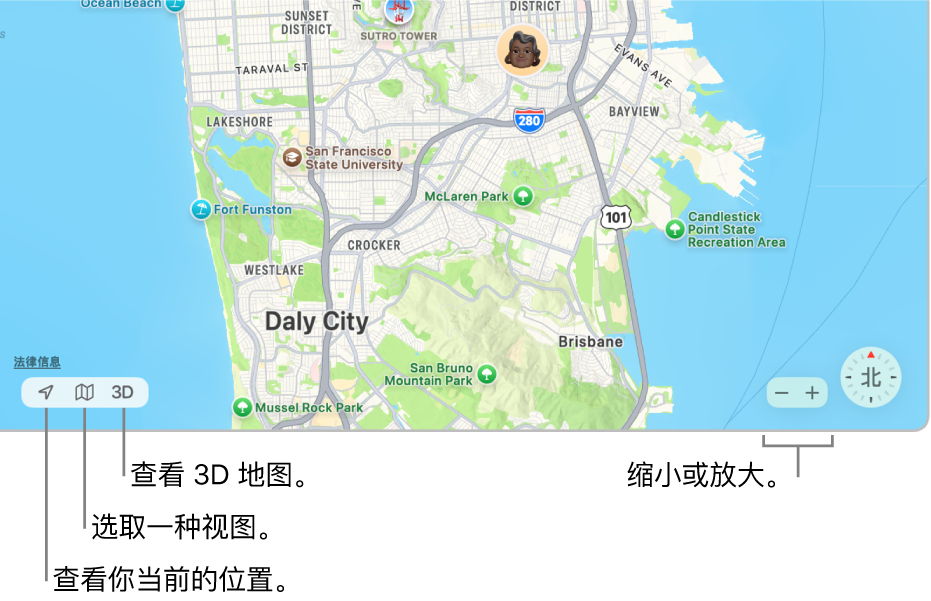 “查找”窗口视图,在地图上显示联系人的位置。在左下角,使用按钮来查看你当前的位置、选取一种视图和以 3D 方式查看地图。在右下角,使用缩放按钮来放大或缩小地图。