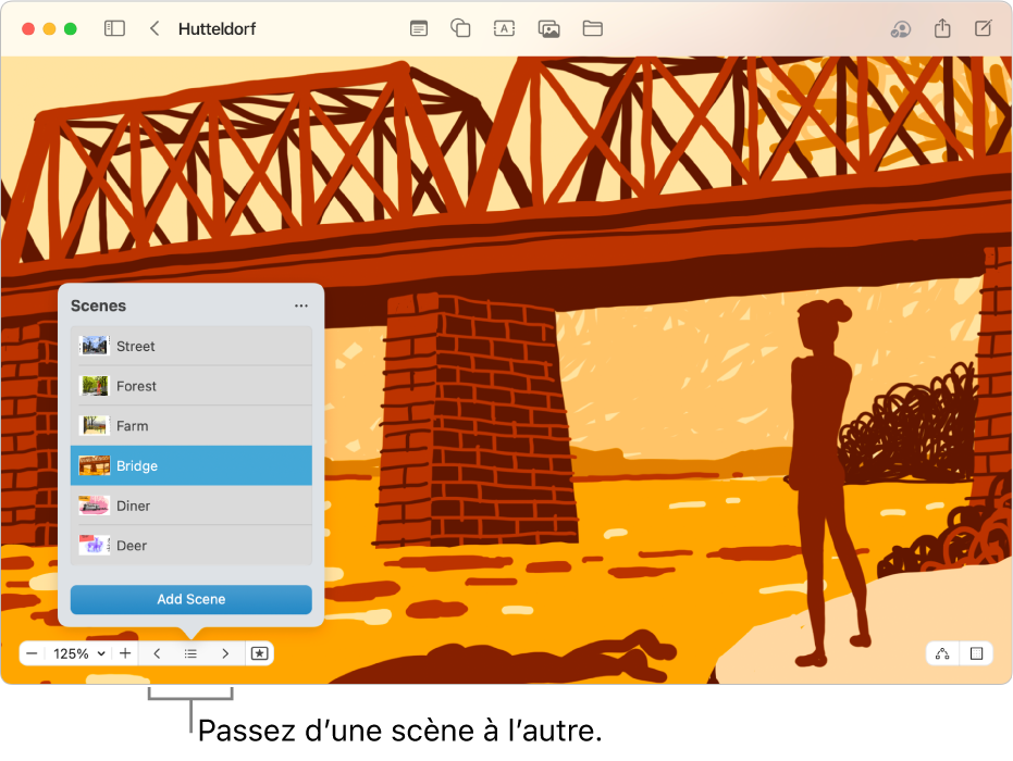 Un tableau Freeform avec le navigateur de scènes ouvert.