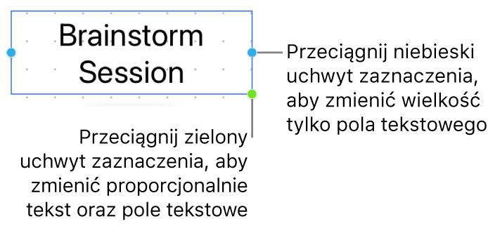 Zaznaczone pole tekstowe z niebieskim uchwytem zaznaczenia (umożliwiającym zmienianie wielkości samego pola tekstowego) oraz zielonym uchwytem zaznaczenia (umożliwiającym proporcjonalne zmienianie wielkości pola tekstowego oraz tekstu).