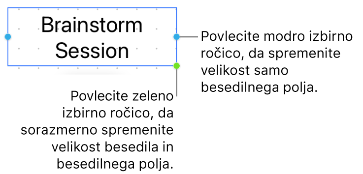 Izbrano besedilno polje, ki prikazuje modro ročico za izbiro (za spreminjanje velikosti samo besedilnega polja) in zeleno ročico za izbiro (za proporcionalno spreminjanje velikosti besedila in besedilnega polja).
