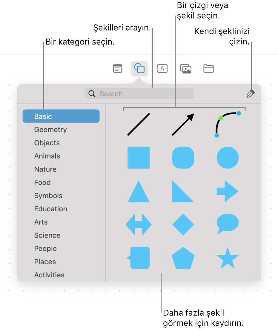 En üstte arama alanı, solda kategori listesi ve sağda şekil koleksiyonu ile şekiller arşivi. Koleksiyondan bir şekil seçin, daha fazla şekil görmek için kaydırın ya da Kalem aracıyla kendi şeklinizi çizin.