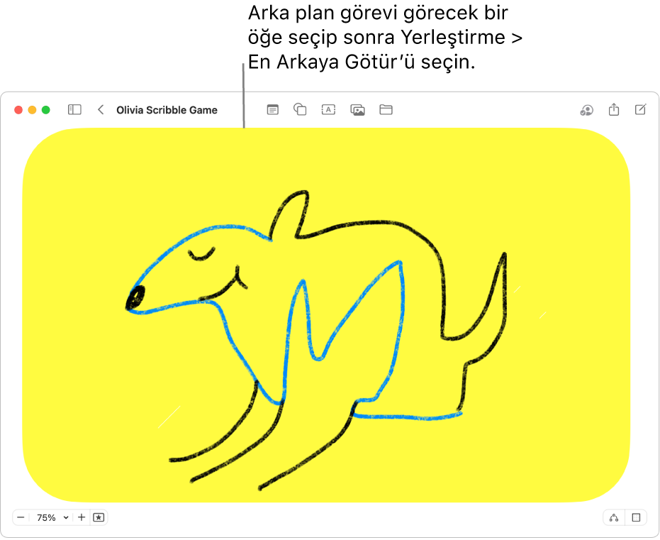 Açık bir Freeform panosu, ayrı ayrı pek çok öğenin arkasında bir arka plan şeklini gösteriyor.