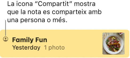 Una nota que s’ha compartit amb altres persones en una conversa de l’app Missatges, amb la icona de compartit a l’esquerra del nom de la nota.