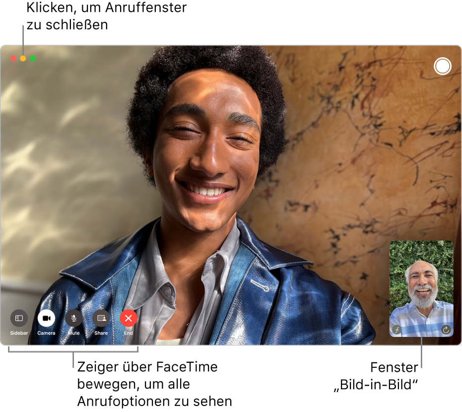 Ein FaceTime-Videoanruf läuft gerade. Das Bild-in-Bild-Fenster wird rechts oben angezeigt und die Anrufoptionen für FaceTime erscheinen in der linken unteren Ecke.