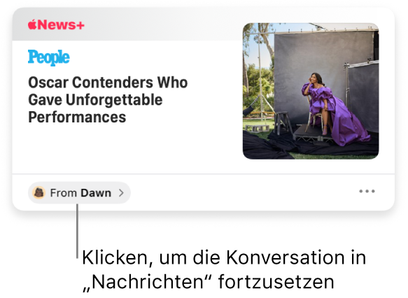 Ein News-Artikel, der in der App „News“ geteilt wird. Klicke auf das Etikett „Von“, um in der App „Nachrichten“ eine Antwort zu senden.