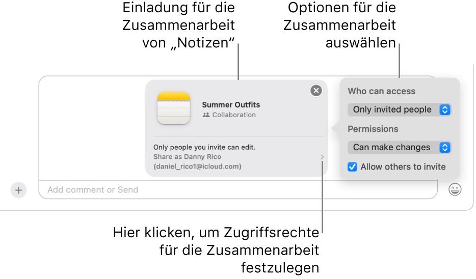 Eine Detailansicht des Textnachrichtenfeldes am unteren Rand einer Konversation in der App „Nachrichten“. Es gibt eine Einladung, an einer Notiz mitzuarbeiten. Du kannst auf die rechte Seite der Einladung klicken, um die Berechtigungen für die Zusammenarbeit festzulegen.