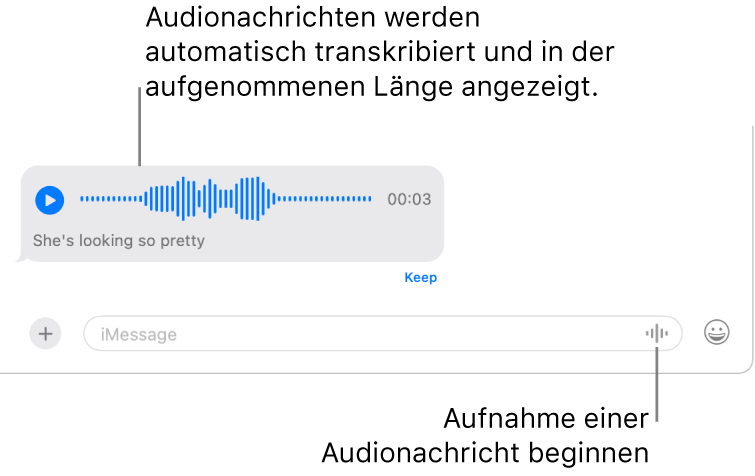 Eine Konversation in der App „Nachrichten“ mit der Taste zum Aufnehmen von Audio neben dem Nachrichtenfeld unten im Fenster. In der Konversation wird eine Audionachricht mit dem zugehörigen Transkript und der Länge der Aufnahme angezeigt.