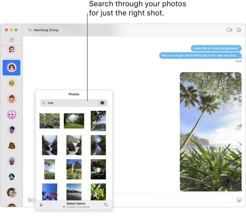 The Messages window with several conversations listed in the sidebar at the left, the search field for searching through your photos, and a conversation showing at the right.