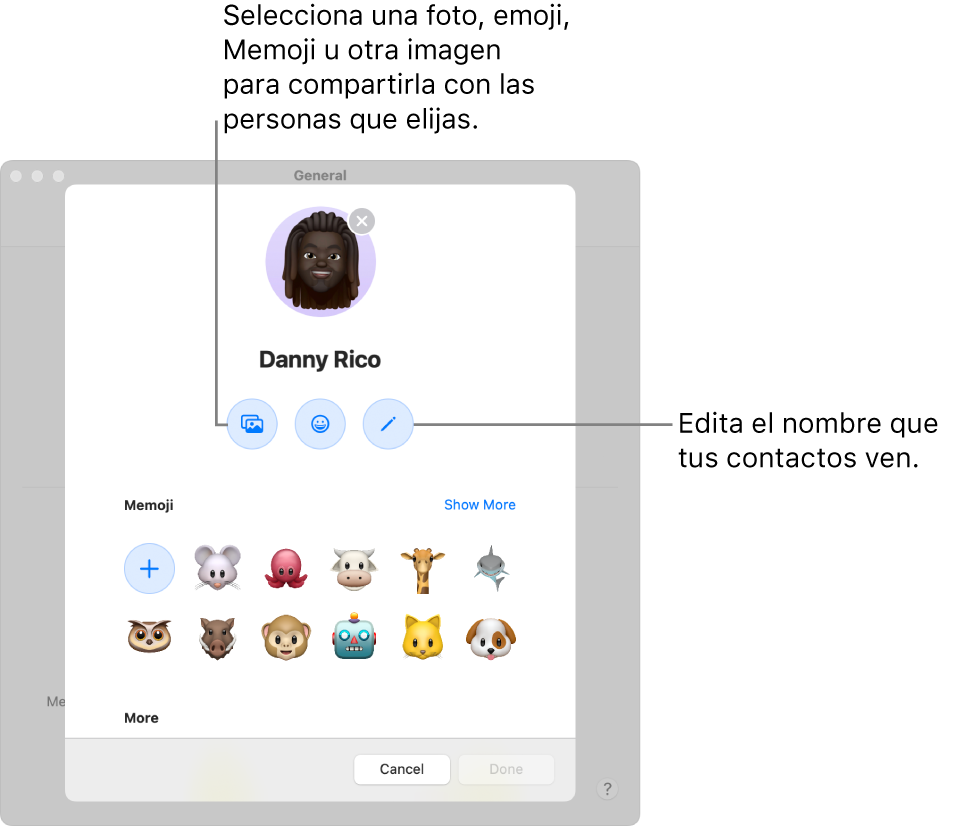 El cuadro de diálogo Compartir nombre y foto mostrando opciones para editar el nombre que tus contactos ven, y elegir una foto, emoji, Memoji u otra imagen.