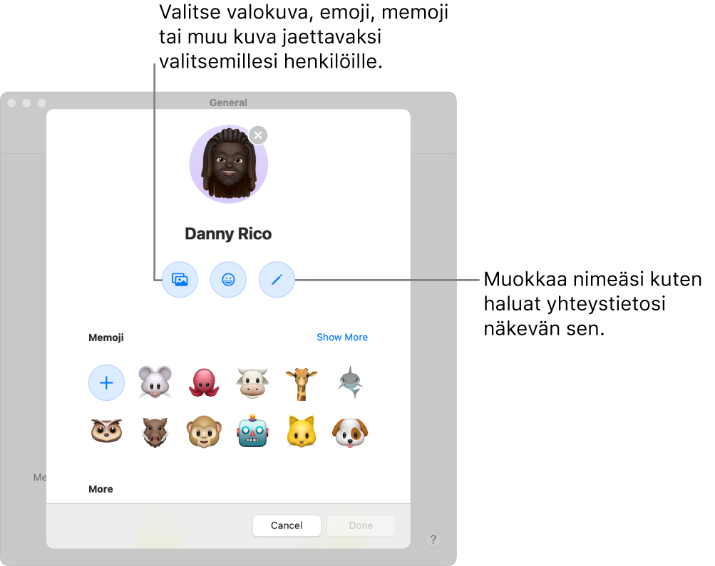 Nimen ja kuvan jakaminen ‑valintaikkuna, jossa näkyvillä valinnoilla voi muokata yhteystiedoille näytettävää nimeä ja valita valokuvan, emojin, memojin tai muun kuvan.