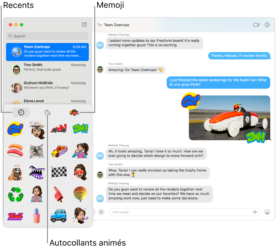 Une fenêtre Messages avec plusieurs conversations dans la barre latérale de gauche. Les options Autocollants disponibles dans le coin inférieur gauche sont Récents, Autocollants animés et Memoji. Une conversation est affichée sur la droite.