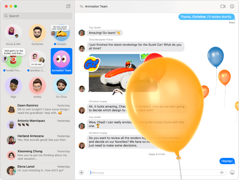 La fenêtre Messages avec plusieurs conversations dans la barre latérale de gauche, ainsi qu’une conversation active sur la droite. La conversation comprend des effets de message avec des ballons, une photo et un Tapback sur le dernier message.