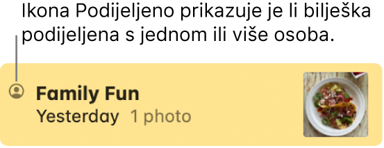 Bilješka koja se dijeli s drugima u razgovoru aplikacije Poruke, s ikonom Dijeljeno s lijeve strane naziva bilješke.