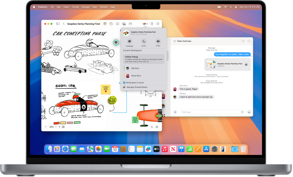 Desktop Mac dengan dua tetingkap terbuka: tetingkap Freeform dengan papan dikongsi dan pilihan untuk bekerjasama, serta app Mesej dengan perbualan menunjukkan papan dikongsi yang sama.