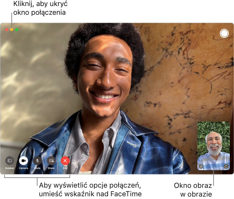 Połączenie FaceTime wideo jest w toku. Okno obrazu w obrazie znajduje się w prawym górnym rogu, a opcje połączenia FaceTime pojawiają się w lewym dolnym rogu.