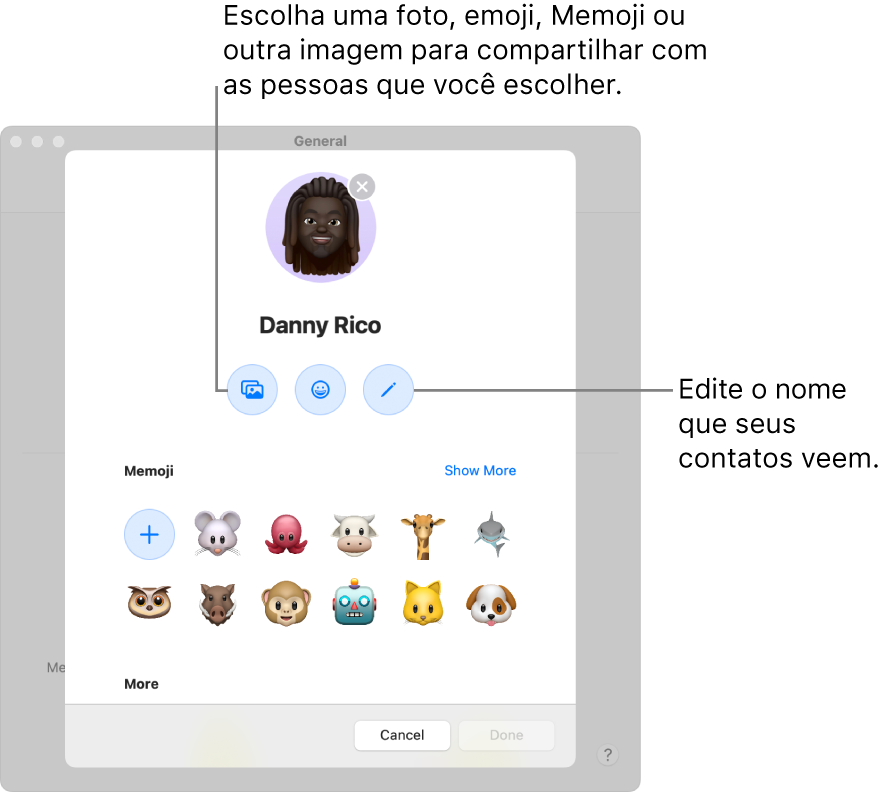 O diálogo de Compartilhamento de Nome e Foto, mostrando opções para editar o nome que os contatos veem e escolher uma foto, emoji, Memoji ou outra imagem.