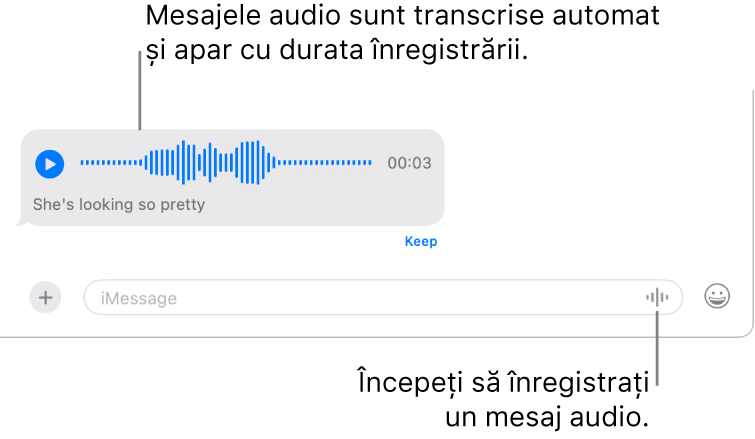 O conversație Mesaje, afișând butonul “Înregistrează audio” lângă câmpul de mesaj din partea de jos a ferestrei. Un mesaj audio apare cu transcrierea sa și lungimea înregistrată apare în conversație.